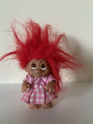 Vintage Dam Troll Dolls Red Hair Gingham Dress 1990s