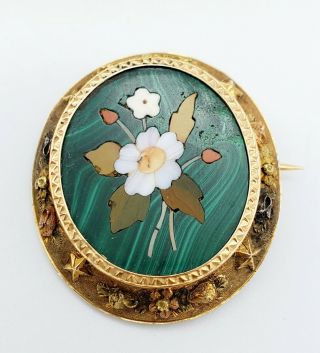 Antique Jewelry Rare Malachite Italy Pietra Dura Brooch Mosaic Flower