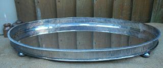 Large Vintage Silver Plated Oval Gallery Serving Drinks Tray With Bun Feet