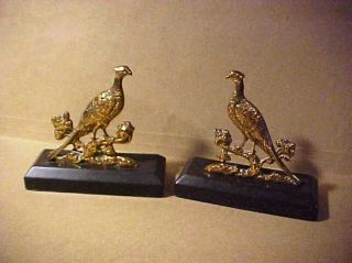 Pair Antique Brass Peacock Detail Mantle Figures On Bakelite Felt Base