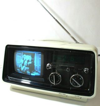 RARE Mid Century Modern Space Age White SHARP 3S - 26W Portable Alarm Clock TV B&W 3