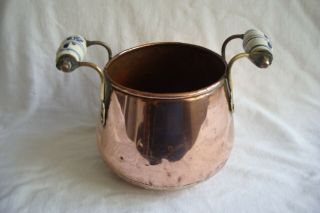 Antique / Vintage Copper & Brass Pot / Planter With Ceramic Handles.