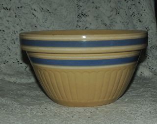 Antique Usa Pottery Large 9.  5 " Yellow Ware Bowl Blue White Stripes Farmhouse