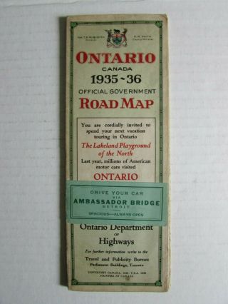 Antique 1935 - 36 Ontario Official Government Road Map Canada Ea474