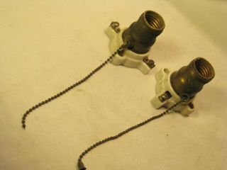 2 G.  E.  Light Switch Lamp Lighting Pull Chain Socket Porcelain Brass Antique Part