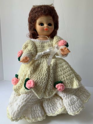 Vintage Standing 14 " Doll White Crocheted Dress With Pink Roses,  Sleepy Eyes
