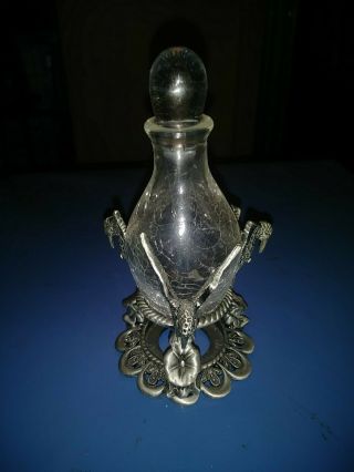 Vintage Rare Pewter Humming Bird Ornate Glass Vanity Perfume Decanter Bottle.