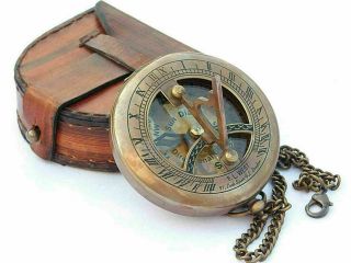 Brass Sundial Compass Push Open Compass - Steampunk With Leather Case And Chain