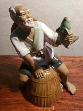 Vintage Chinese Shiwan Pottery Figure Fisherman Mudman With Basket & Fish 19cm