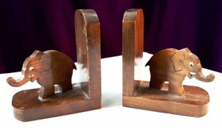Unique Antique Deco 1930s Hand - Made Wooden Bookends.  Elephants On Stands Vgc