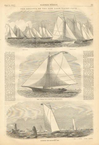 Regatta Of The York Yacht Club,  Sailing,  Vintage 1858 Antique Art Print