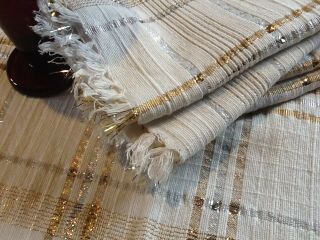Vintage Set Of 6 Cream Cotton Table Mats With Silver And Gold Thread