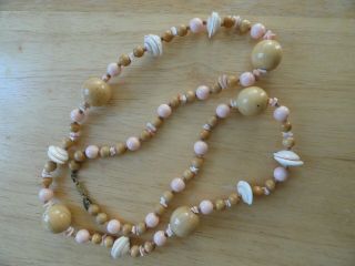Rare Vintage Signed Miriam Haskell Shell Wood Beaded Necklace 34 " Long