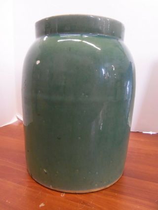 Antique Yellow Ware Pottery Glazed Green Crock/tall Jar 91/2 " H 7 " W 5 1/2 " Lip
