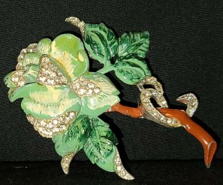 Antique Art Nouveau Floral Design Pot Metal & Enamel Rhinestone Brooch