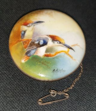 Royal Worcester Rare 1928 Hand Painted 2 Kookaburras Brooch,  Clasp By R.  Austin