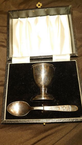 Vintage Silver Plated Egg Cup And Spoon.  Boxed.