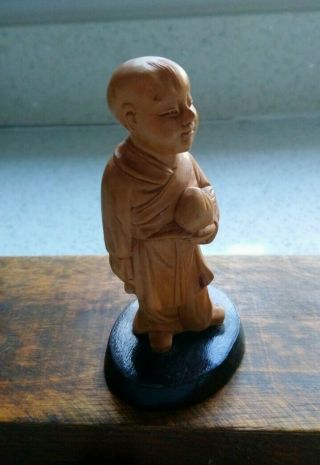 Small Chinese Cultural Revolution Era Carved Boxwood Figure Boy Holding Fruit