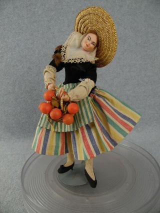 12 " Vintage Layna Klumpe Roldan Type Cloth Character Doll With Basket Of Oranges