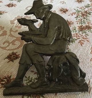 Antique Cast Iron Plaque Of A Farmer Having His Hard Earned Meal Made In Germany