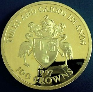 TURKS & CAICOS: 1997 100 Crowns,  rare,  5 tr oz.  999 silver,  box,  cert,  top grade 3