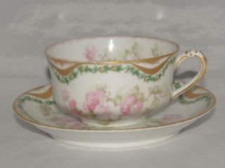 Antique Haviland Porcelain Cup & Saucer Double Gold Gilt Trim Daub Pink Flower