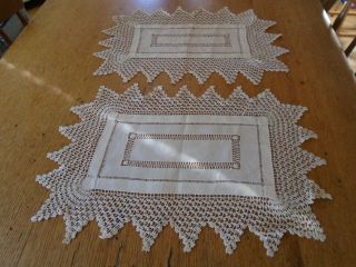 Set Of 2 Antique Irish Linen Table Mats - Hand Crochet Lace Border