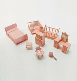 Vintage 1950s 1960s Plastic Dollhouse Furniture Pink Cradle Vanity Bed Dresser