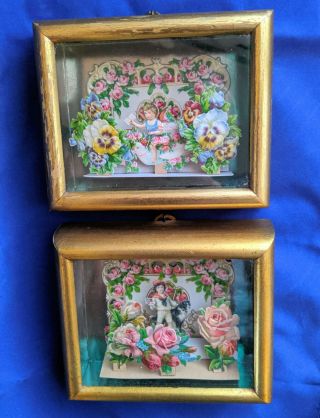 Antique Victorian Valentine Die Cut Cards In A Wood Frame Shadow Box