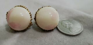 Rare Vintage Miriam Haskell Gold Tone Faux Angel Skin Coral Glass Clip Earrings