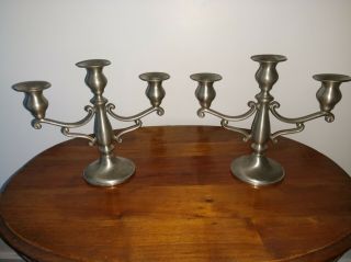 Set Of 2 Vintage Empire Weighted Pewter Triple Candelabras 9 - 3/4 " High 11 " Wide