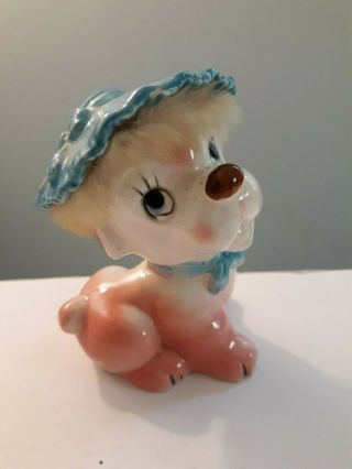 Rare Find Vintage 1950s Hand Painted Fabulous Pink Poodle In A Blue Hat Figurine