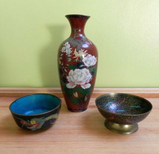 Vintage Antique Chinese / Japanese Cloisonne Vase And Bowls X 3 Dragon