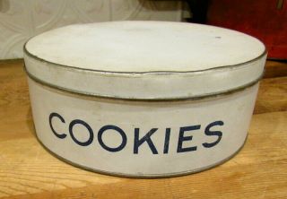 Antique Vtg Blue And White Tin Farmhouse Cookies Canister - Acme Can Co Phila