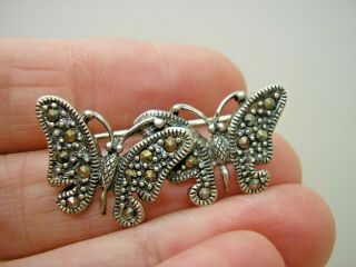 Antique Sterling Silver Marcasite Twin Butterfly Brooch Pin
