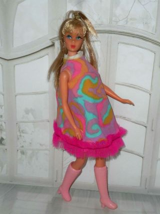Vintage Barbie Clone Mod Print Swing Dress & Htf Pink Lace Up Clone Boots