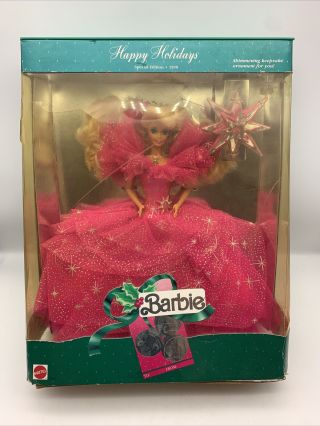 Vtg 1990 Happy Holidays Barbie Doll Blonde Pink Dress Mattel 4098 Box