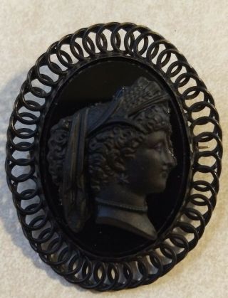 Antique Victorian Black Jet Glass Cameo Mourning Brooch