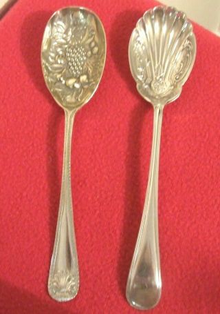 2 Antique Silver Plated Serving Spoons One Berry Spoon One Scalloped.