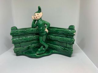 Vintage Treasure Craft Planter Green Pixie Elf By Fence 1950 Rare Collectors
