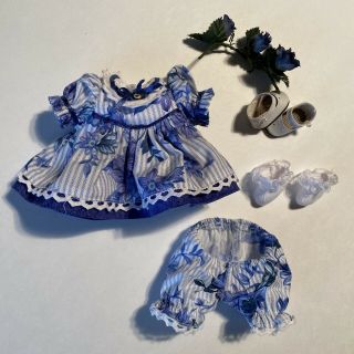 Vintage Small Doll Dress Clothes Blue Floral Outfit For 8” - 9” Dolls Lace Socks