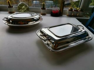 A Lovely Duo Of Antique Silver Plate Lidded Edwardian Serving Dishes C1910
