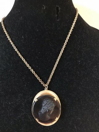 Antique Black Jet Glass High Relief Cameo Mourning Pendant Necklace