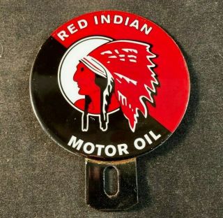 Red Indian Motor Oil 2 Pce Porcelain License Plate Topper Rare Advertising Sign