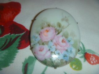 Antique Victorian Hand Painted Porcelain Oval Brooch Pin Pink Roses Blue Pansies