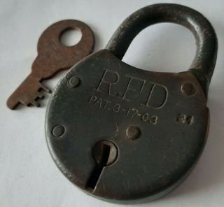 Vintage Antique R F D Padlock Pat 3 - 17 - 03 Made In Usa With Key