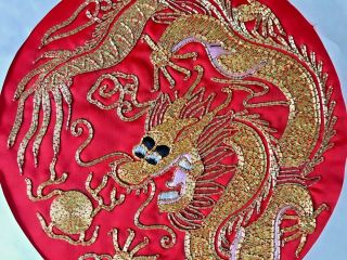 Old Vintage Chinese Dragon Figure Gold Tone Metal Thread Embroidery Panel