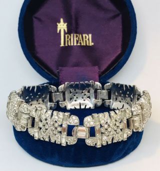 Rare Signed 1930s Trifari Ktf Art Deco Rhodium Pave Link Bracelet