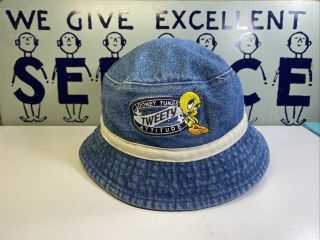 Vintage Looney Tunes Tweety Bird Denim Bucket Hat Warner Bros Studio 1999 Rare