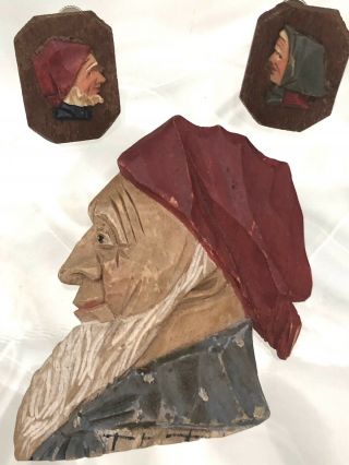Vtg Rare Artist Anri Hand Carved Wood Brooch Earrings Demi Set Gnome Man Woman